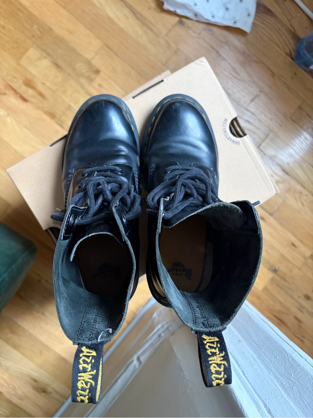 Dr. Martens Black Leather Lace-Up Platform Boots with Yellow Stitching - Picture 7 of 7
